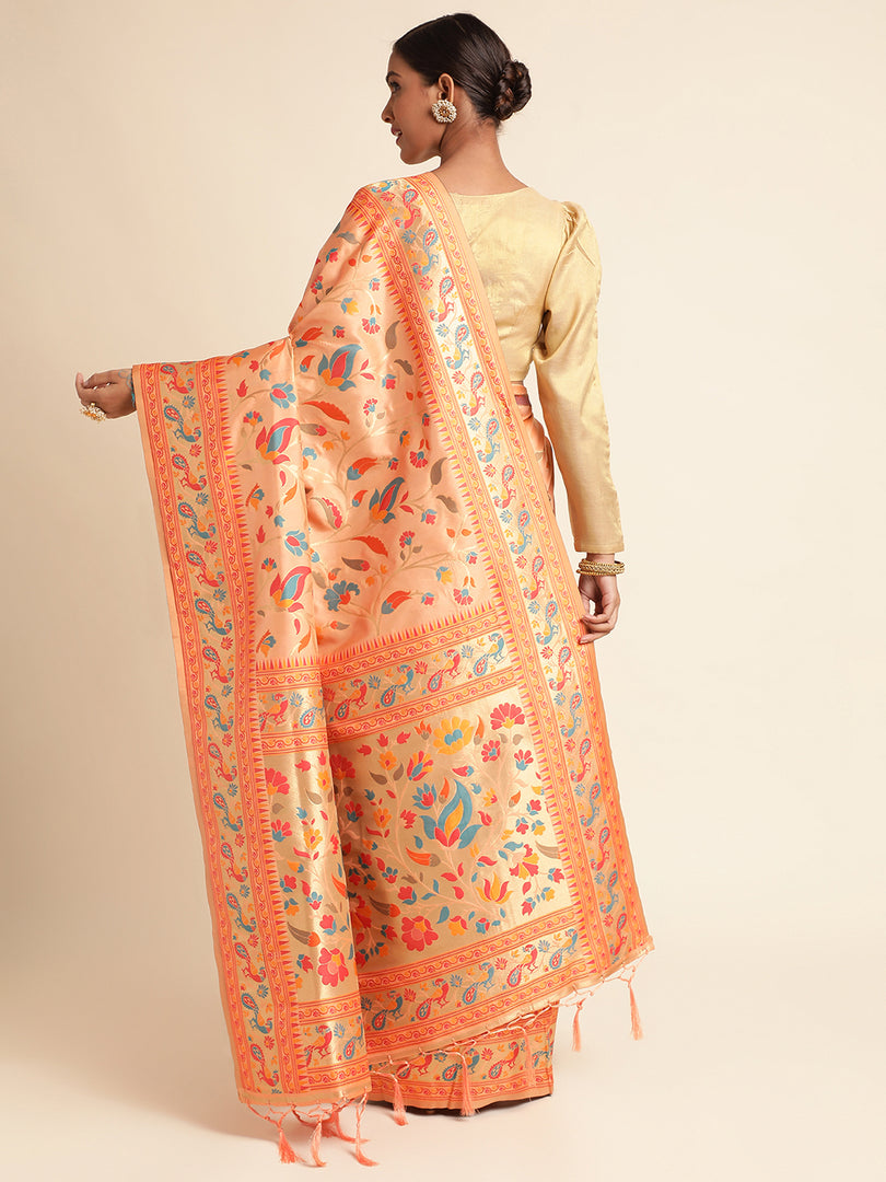 Peach Color Kanchipuram Lichi Silk Paithani Saree (Simran-Peach-sd_at)