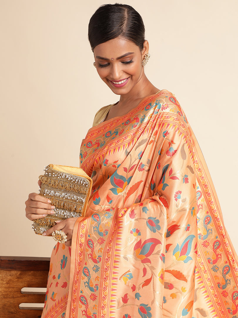 Peach Color Kanchipuram Lichi Silk Paithani Saree (Simran-Peach-sd_at)