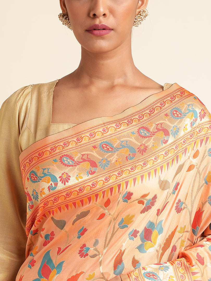 Peach Color Kanchipuram Lichi Silk Paithani Saree (Simran-Peach-sd_at)