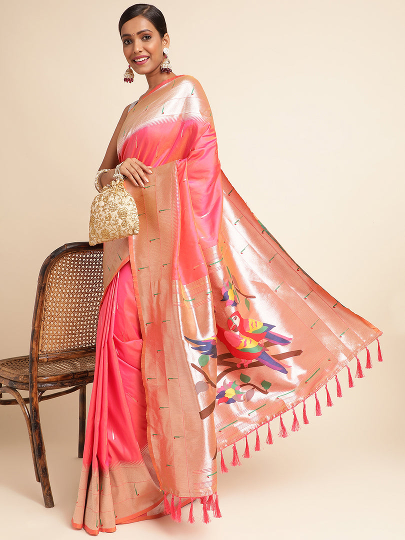 Peach Color Kanchipuram Paithani Saree With Trending Zari Weaving Work (Hockey-Peach-sd_at)