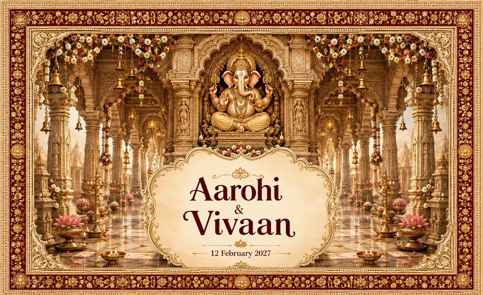 Ganesh Heritage Temple Corridor personalized wedding Antarpat with bride and groom names