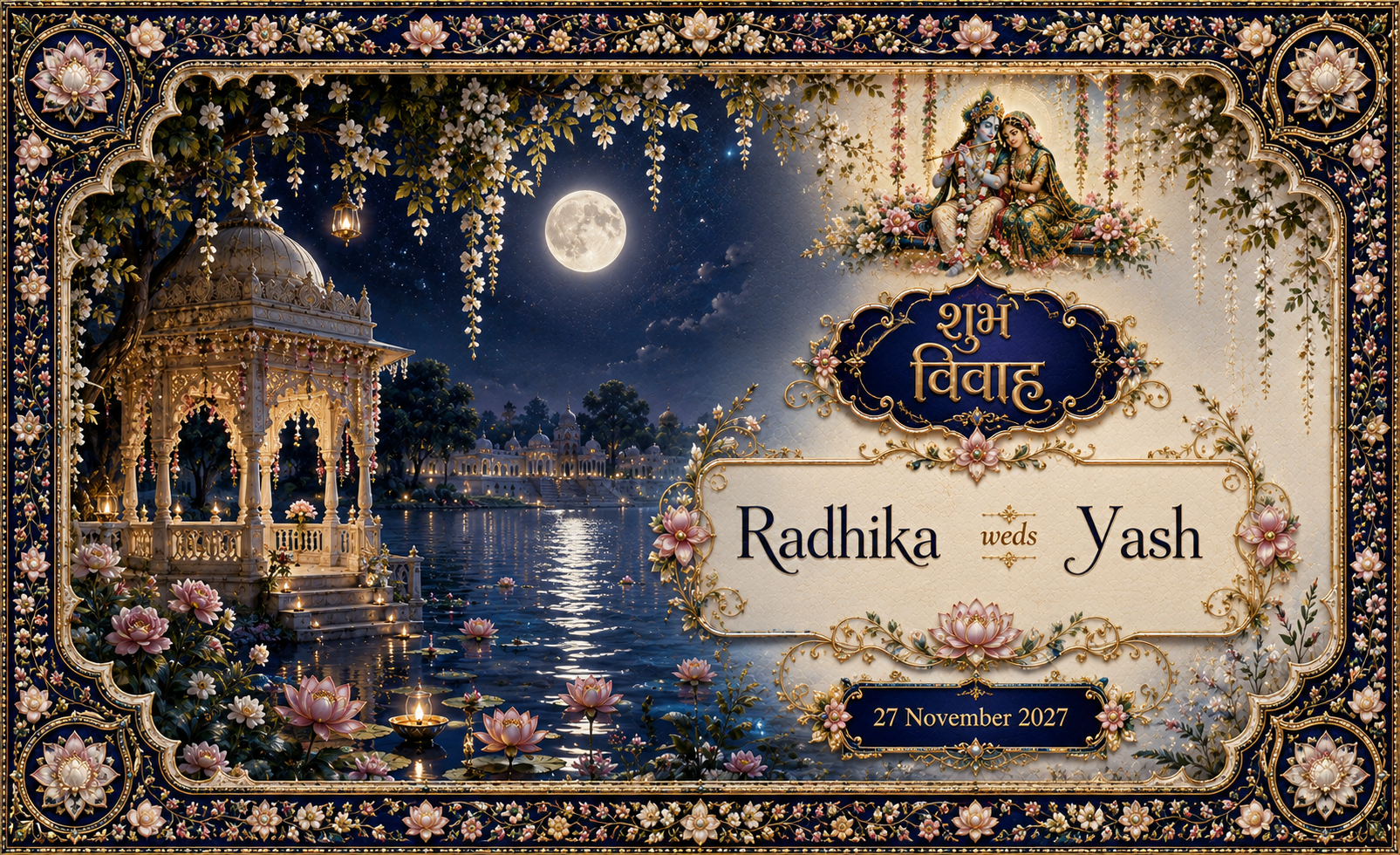 AP-003-12 Radha Krishna Moonlit Lotus Lake Pavilion Personalized Antarpat