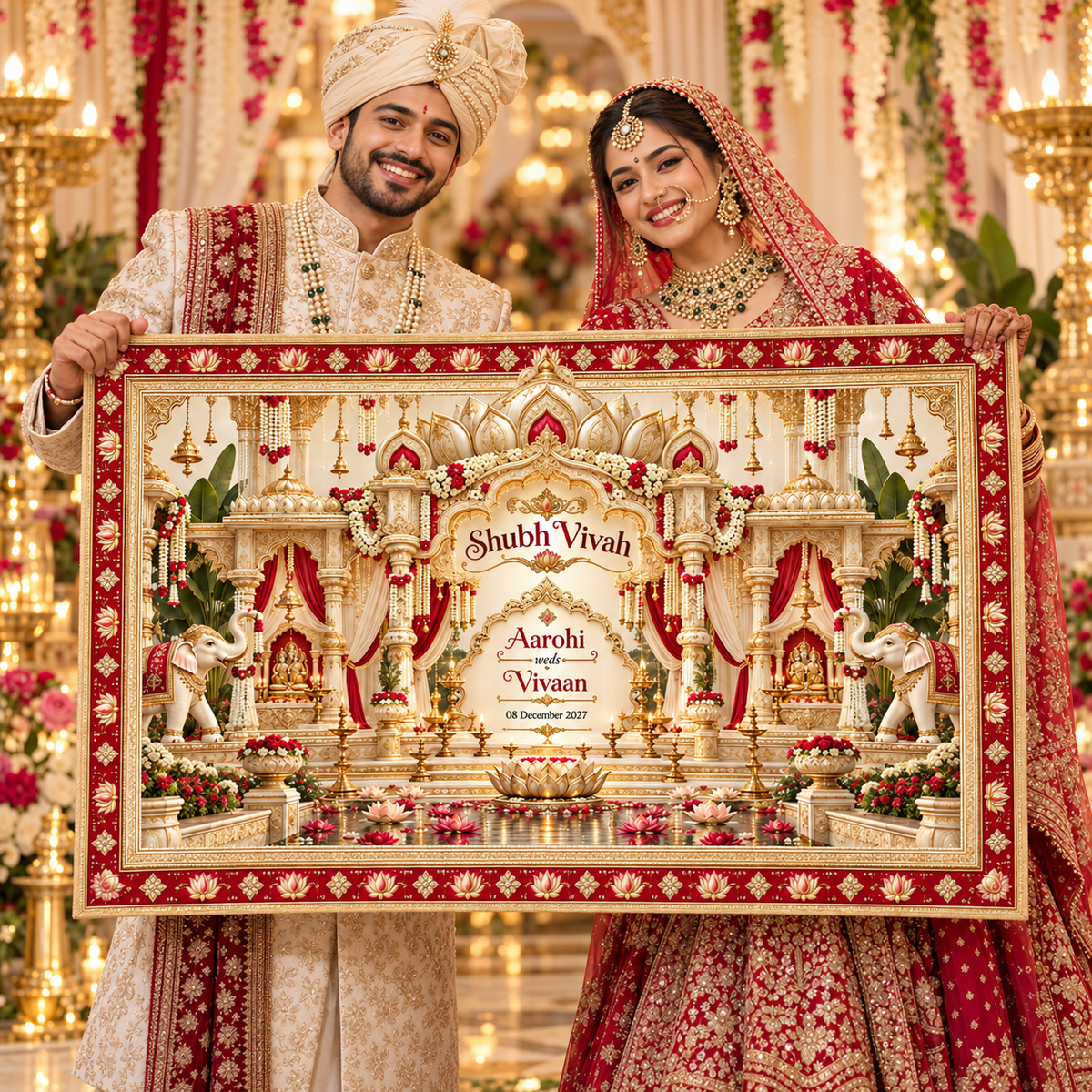 Bride and groom holding AP-005-10 red gold wedding Antarpat