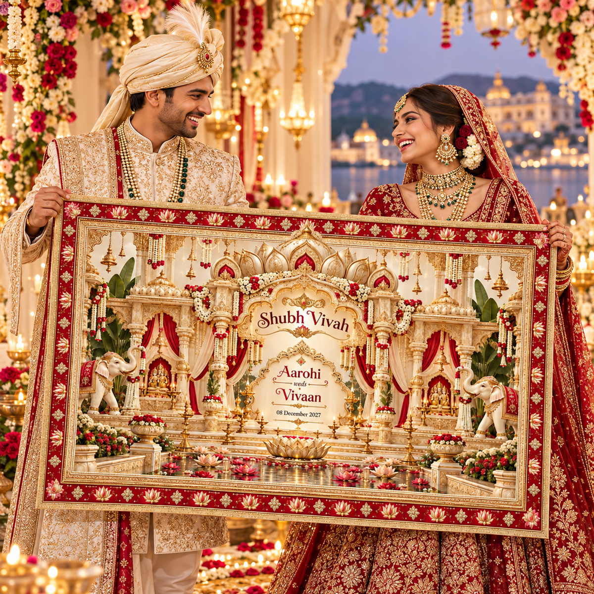 Personalized red gold royal mandap Antarpat at Indian wedding