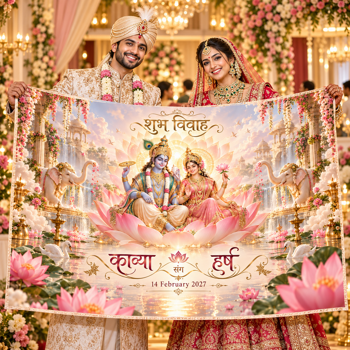 Bride and groom holding AP-005-11 Lakshmi Narayan lotus wedding Antarpat