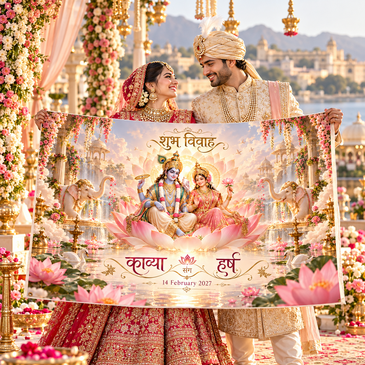 Personalized pink lotus Lakshmi Narayan Antarpat at Indian wedding