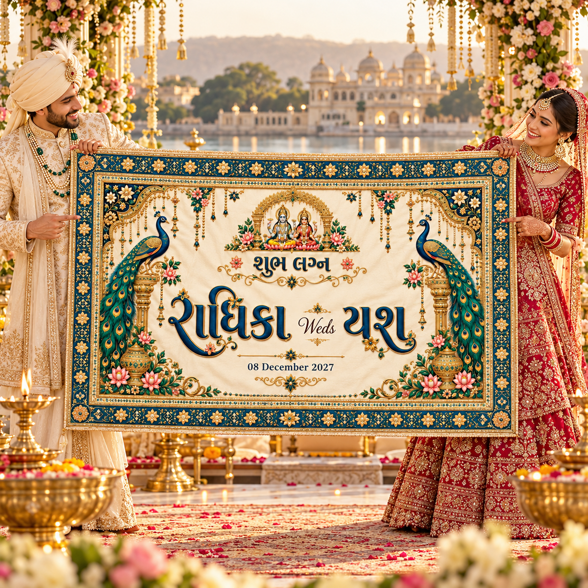Bride and groom holding AP-005-8 Lakshmi Narayan peacock wedding Antarpat