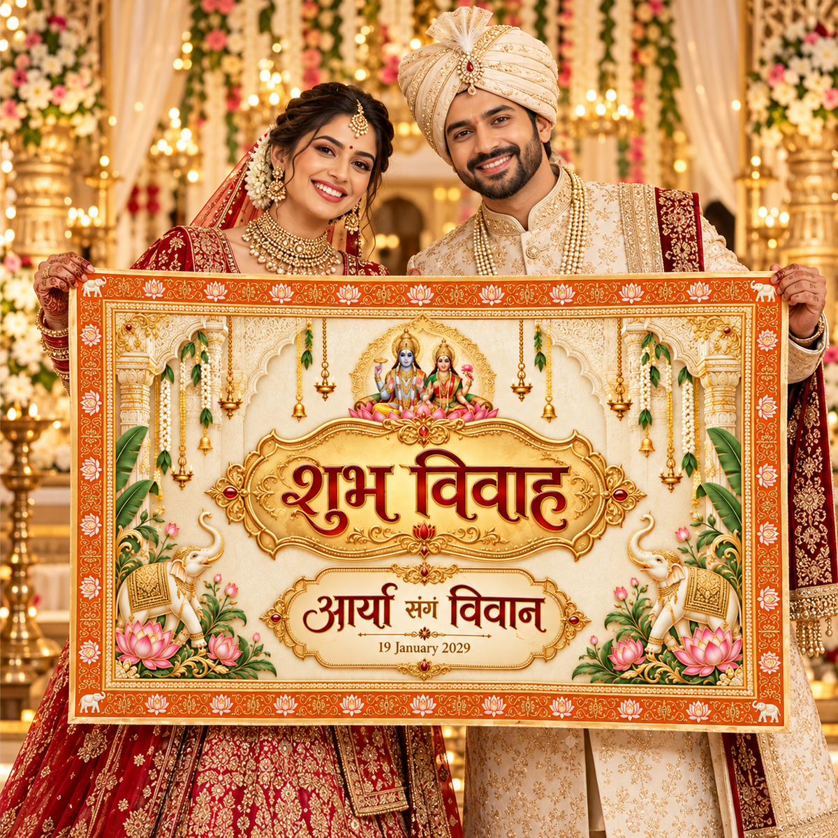 Bride and groom holding AP-005-9 Lakshmi Narayan wedding Antarpat