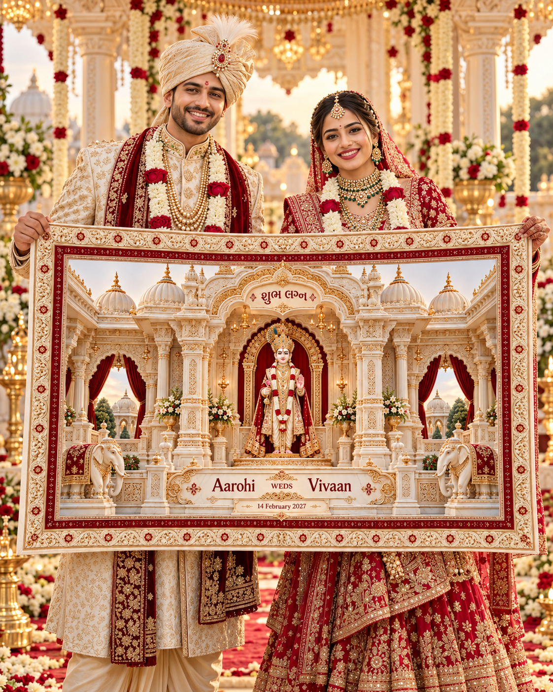 Swaminarayan Grand Marble Palace Standing Darshan Personalized Wedding Antarpat | AP-006-1