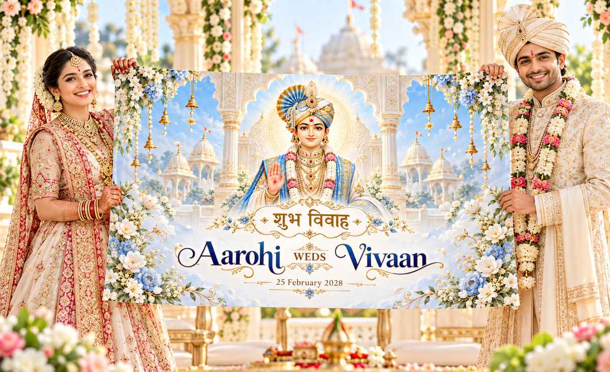 Swaminarayan Sky Blue Floral Temple Personalized Wedding Antarpat | AP-006-10