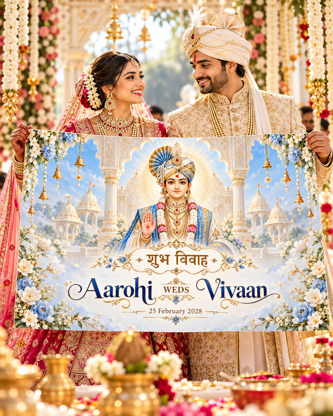 Swaminarayan Sky Blue Floral Temple Personalized Wedding Antarpat | AP-006-10