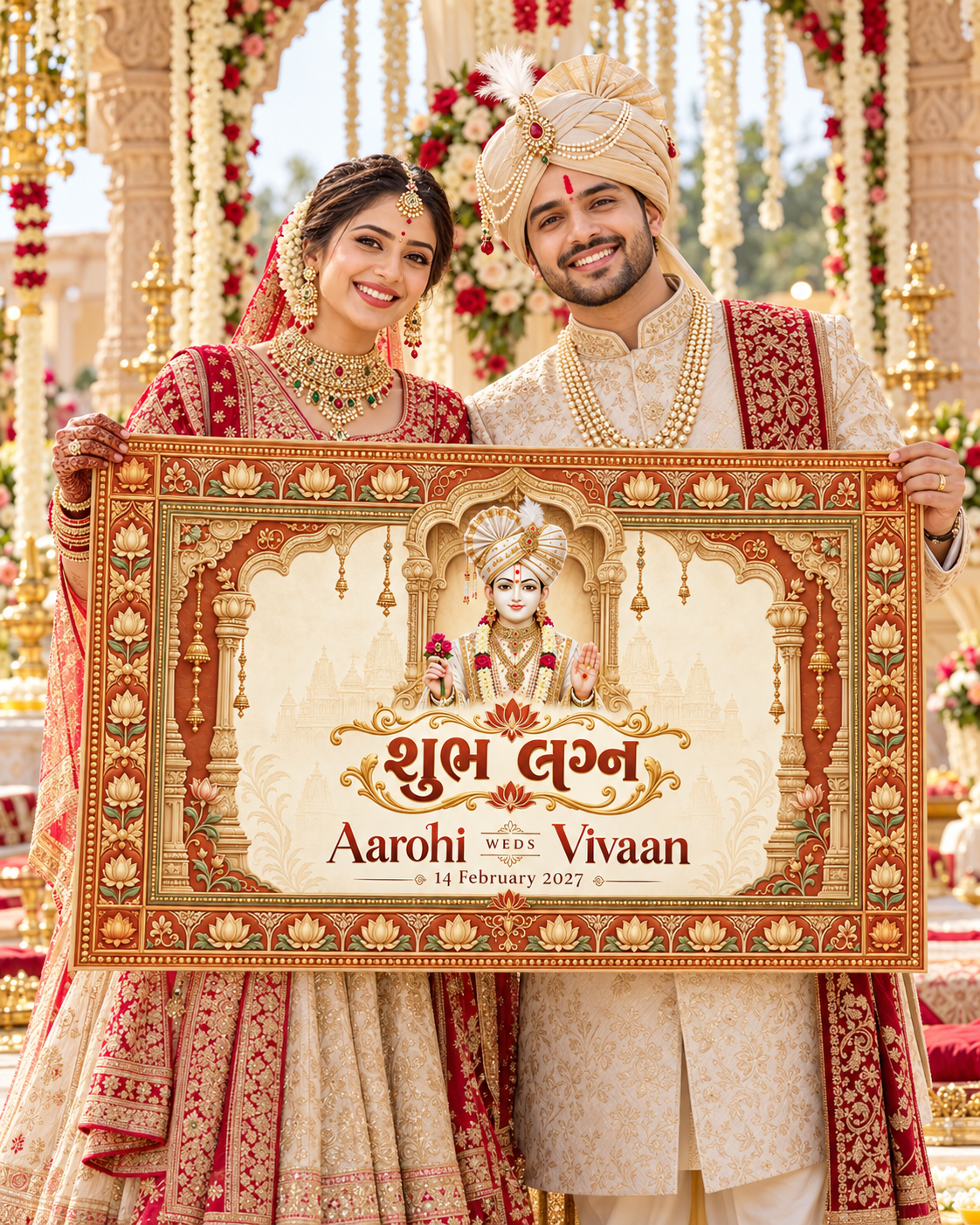 Swaminarayan Terracotta Lotus Border Personalized Wedding Antarpat | AP-006-11