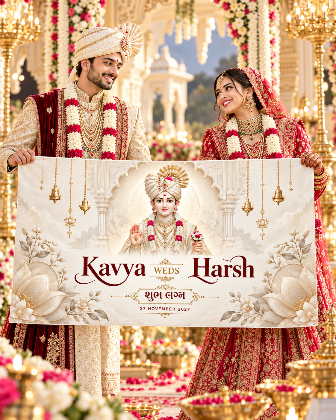 Swaminarayan Minimal Ivory White Lotus Personalized Wedding Antarpat | AP-006-12