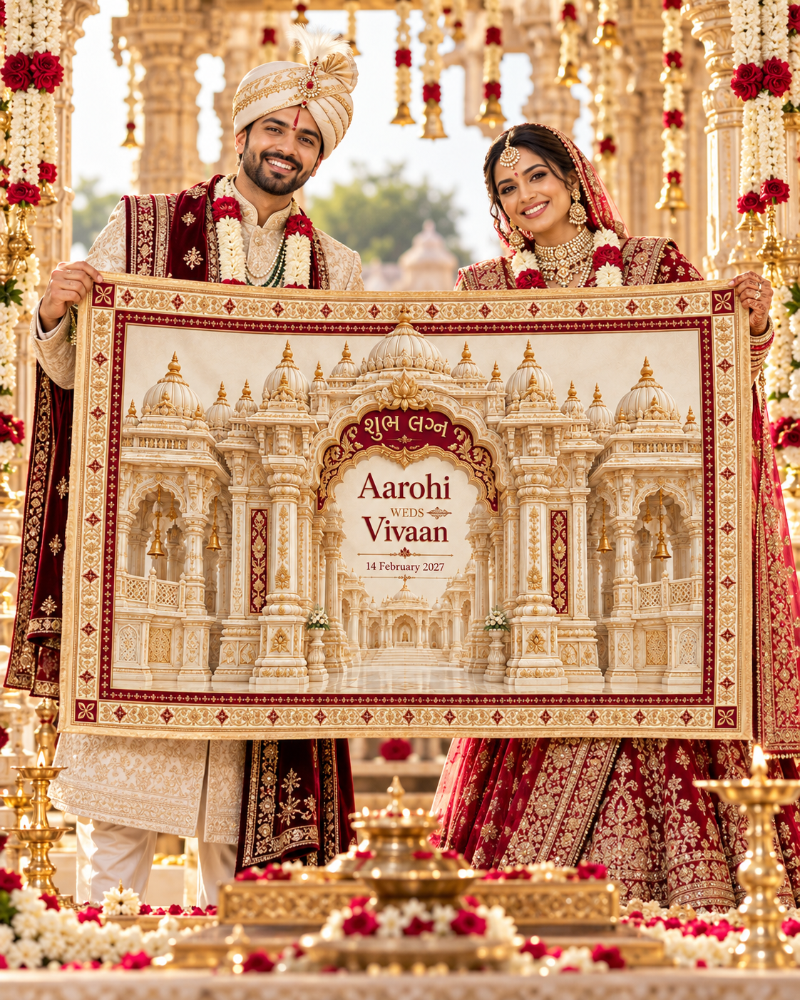 Bride and groom holding Swaminarayan wedding antarpat AP-006-13