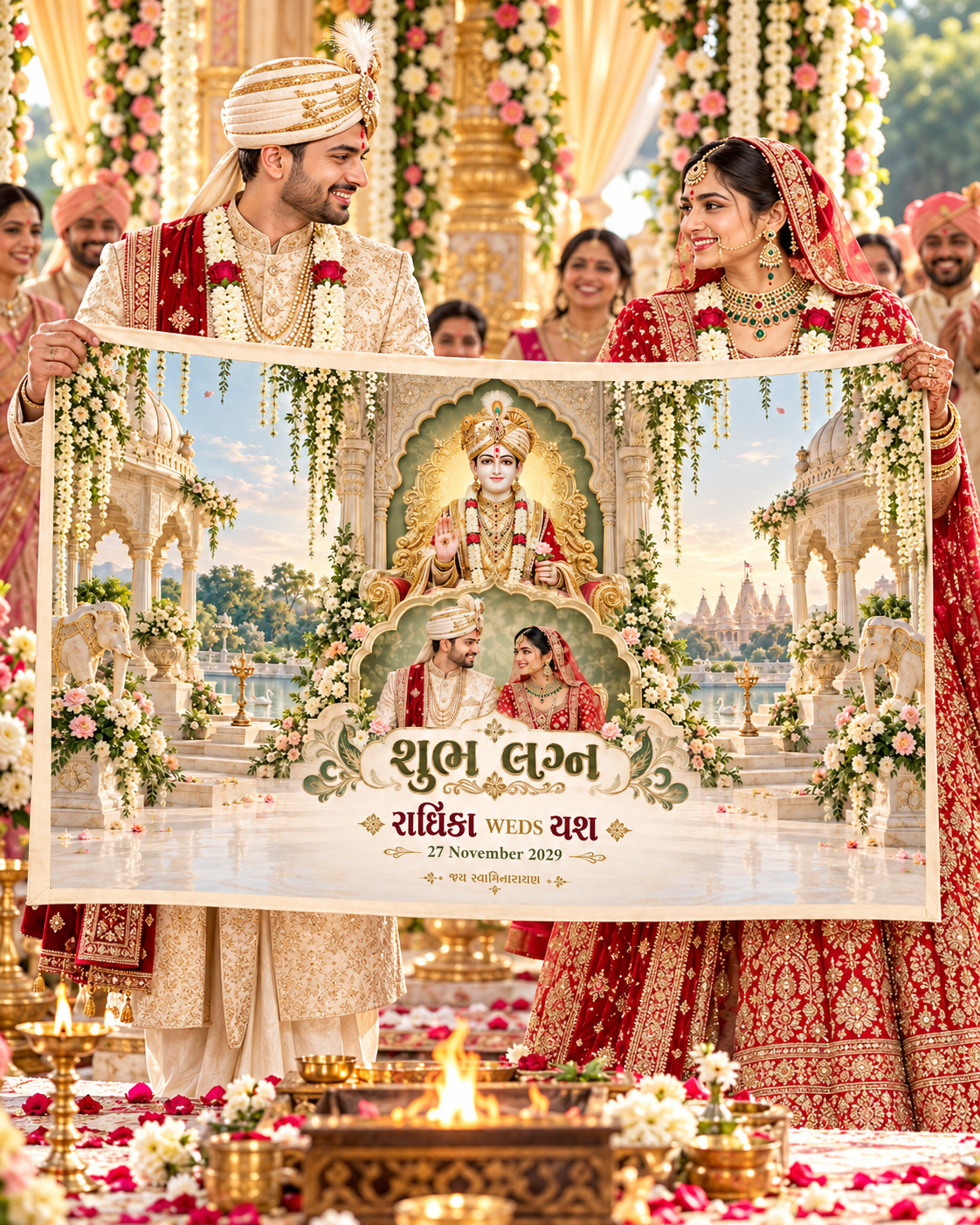 Swaminarayan Garden Lake Temple Couple Photo Frame Personalized Wedding Antarpat | AP-006-14