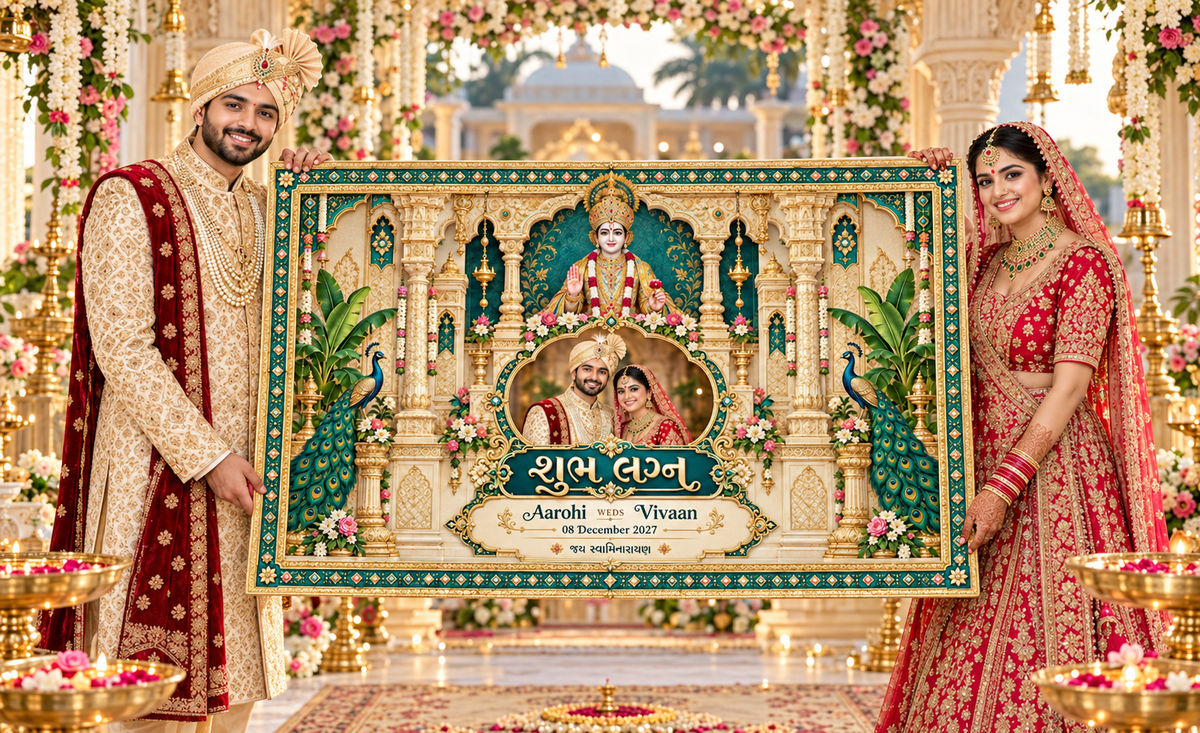Swaminarayan Teal Peacock Temple Couple Photo Frame Personalized Wedding Antarpat | AP-006-15