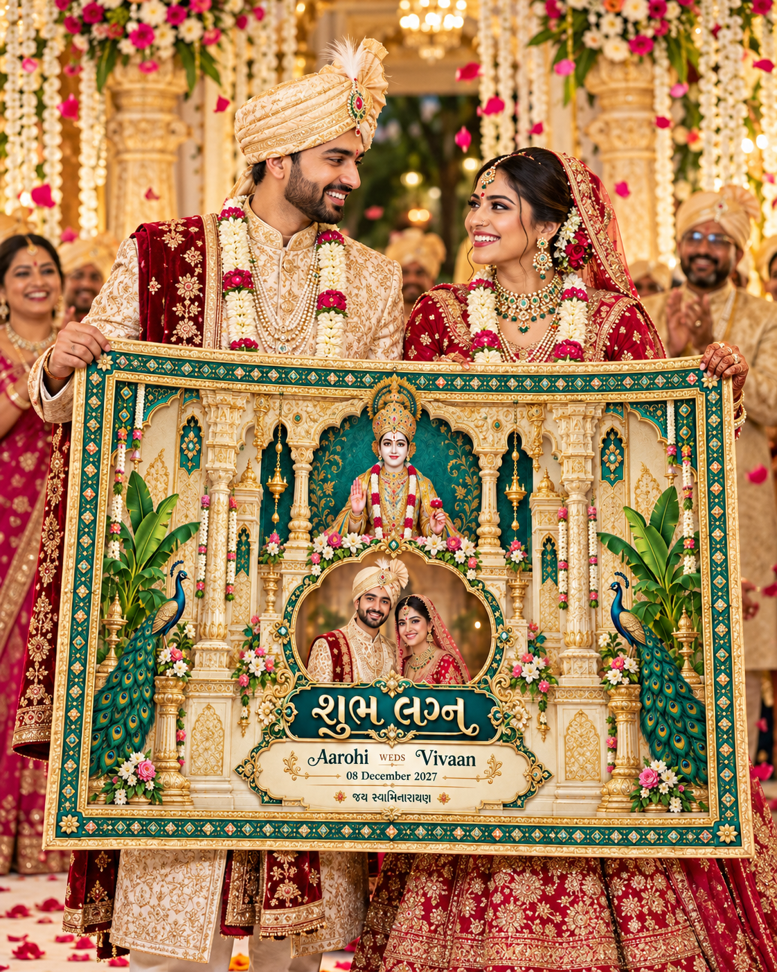 Swaminarayan Teal Peacock Temple Couple Photo Frame Personalized Wedding Antarpat | AP-006-15