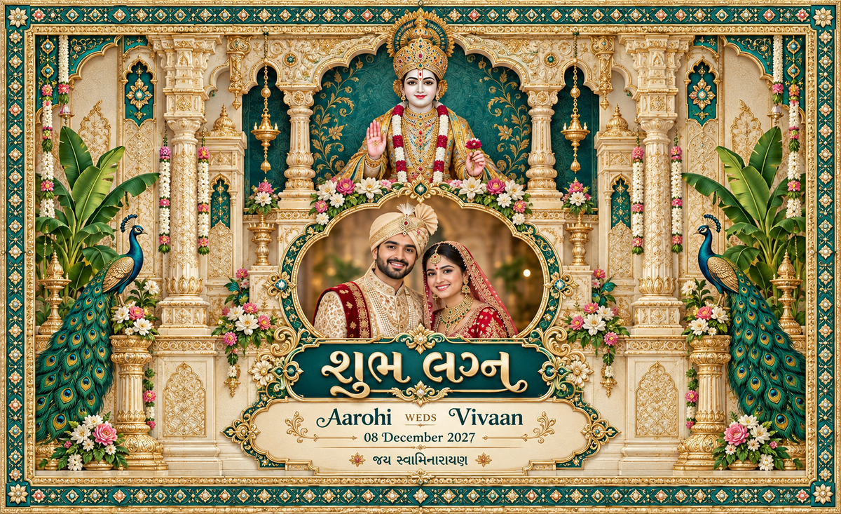 Swaminarayan Teal Peacock Temple Couple Photo Frame Personalized Wedding Antarpat | AP-006-15