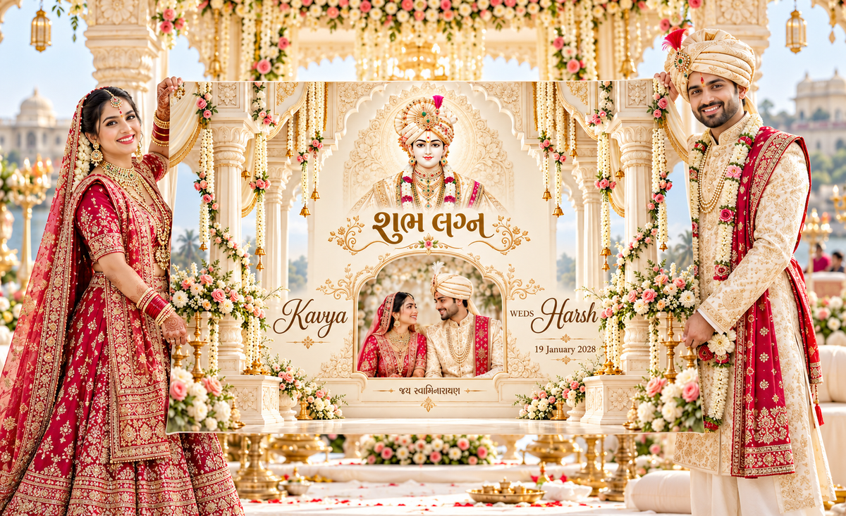 Swaminarayan Ivory Blush Floral Mandap Couple Photo Personalized Wedding Antarpat | AP-006-16
