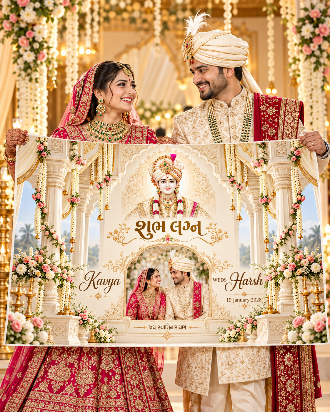 Swaminarayan Ivory Blush Floral Mandap Couple Photo Personalized Wedding Antarpat | AP-006-16