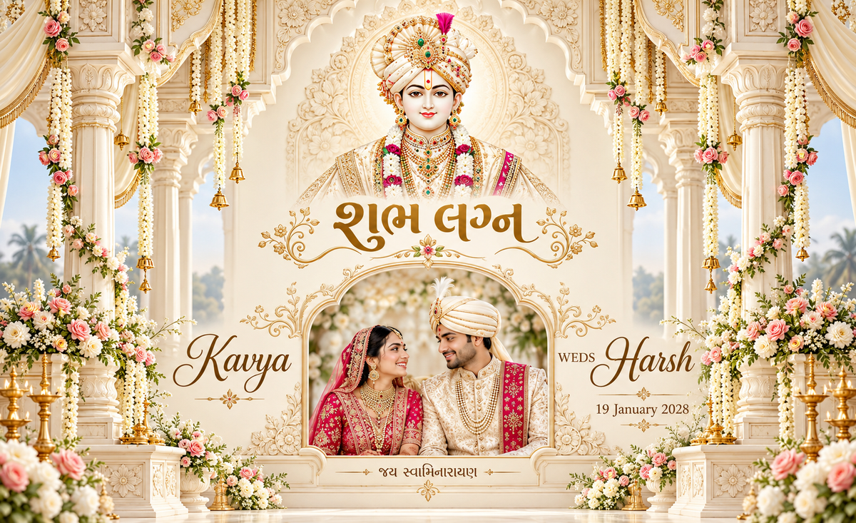 Swaminarayan Ivory Blush Floral Mandap Couple Photo Personalized Wedding Antarpat | AP-006-16