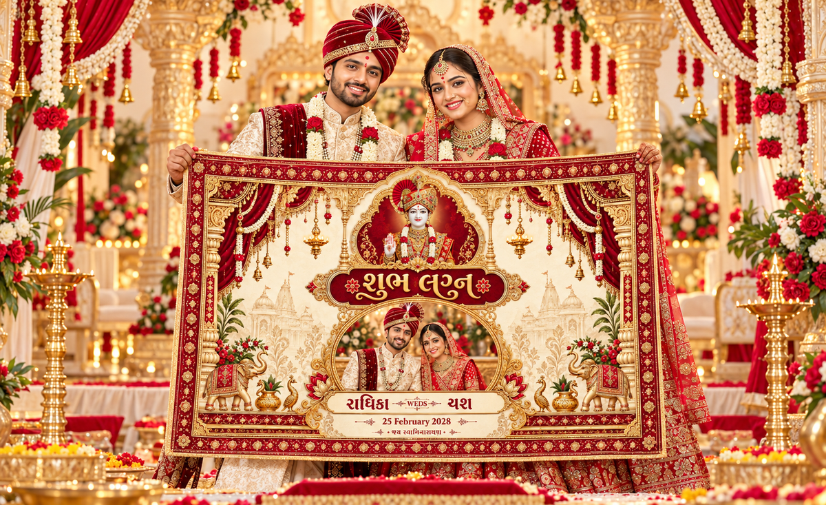 Swaminarayan Royal Red Gold Elephant Couple Photo Personalized Wedding Antarpat | AP-006-17