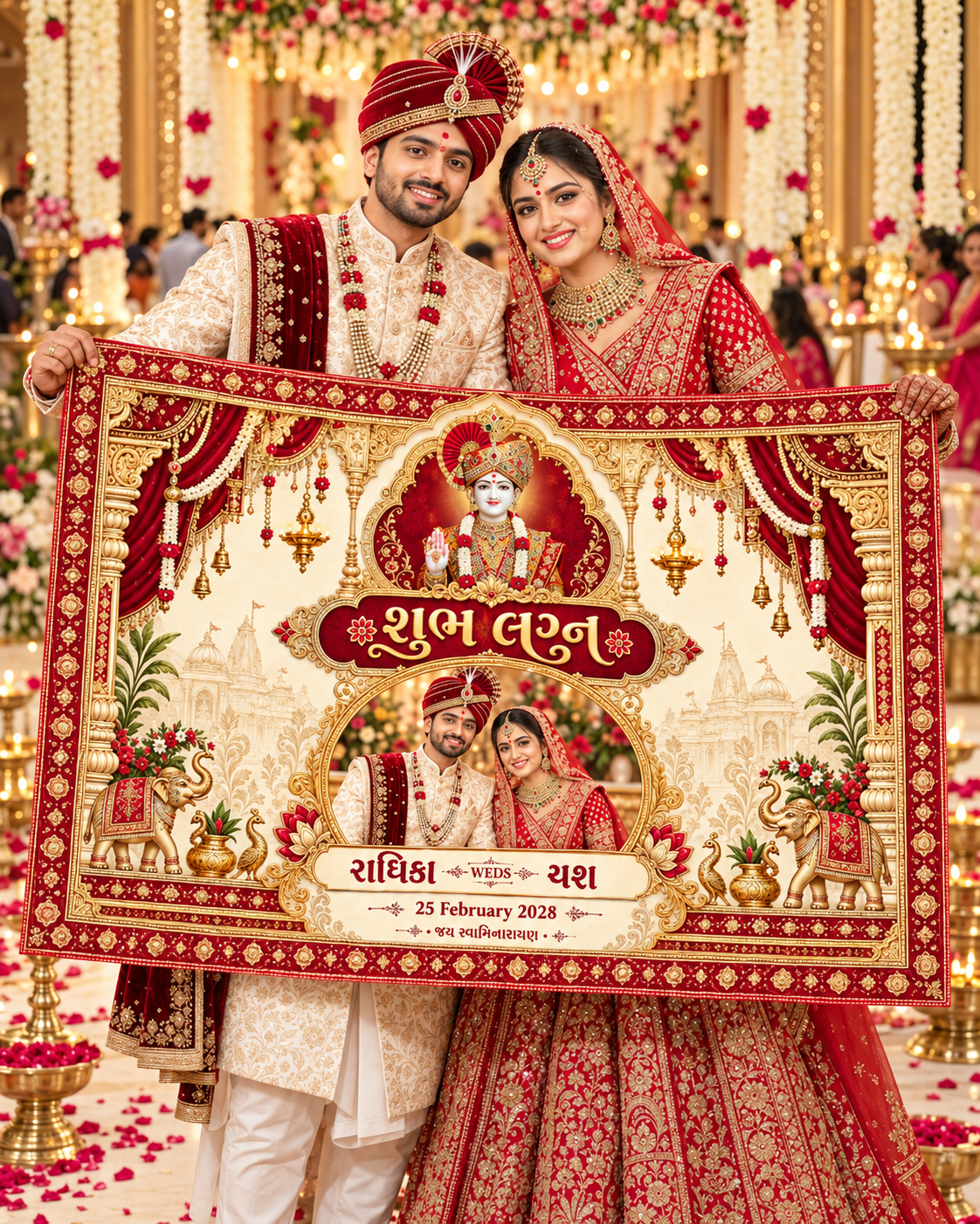 Swaminarayan Royal Red Gold Elephant Couple Photo Personalized Wedding Antarpat | AP-006-17