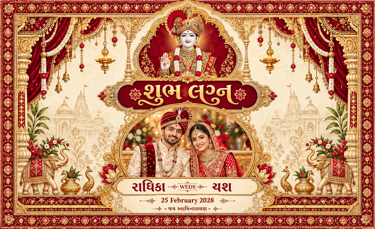 Swaminarayan Royal Red Gold Elephant Couple Photo Personalized Wedding Antarpat | AP-006-17
