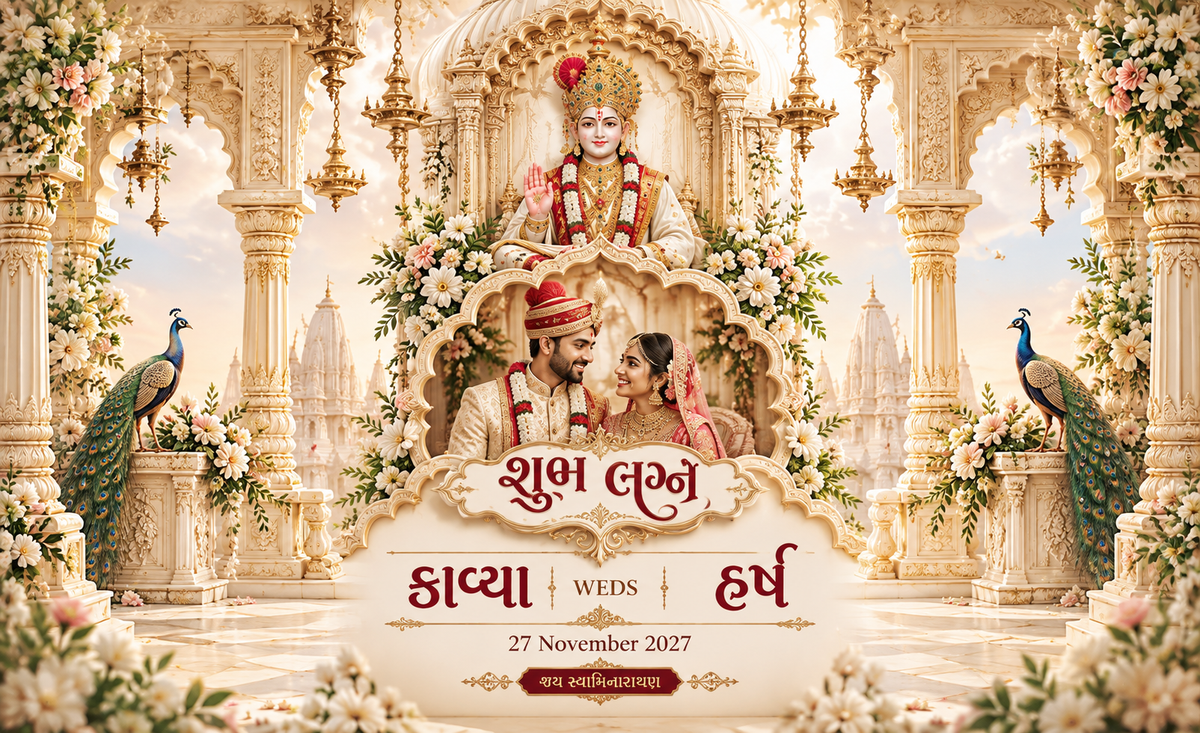 Swaminarayan Ivory Palace Peacock Couple Photo Personalized Wedding Antarpat | AP-006-18