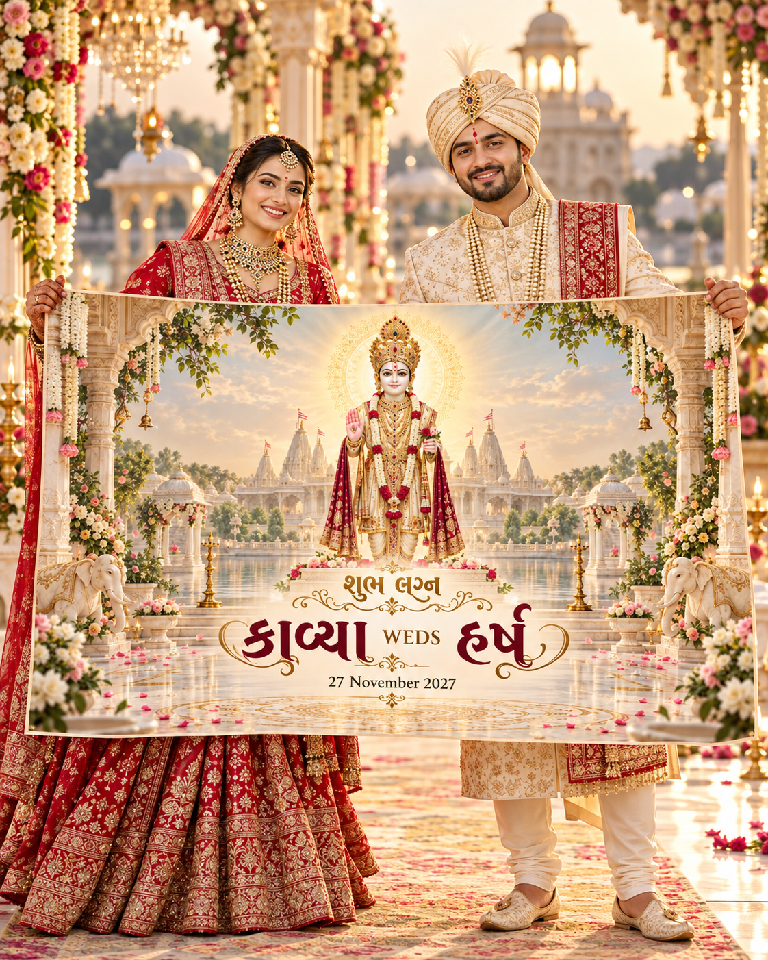 Bride and groom holding Swaminarayan Antarpat AP-006-2