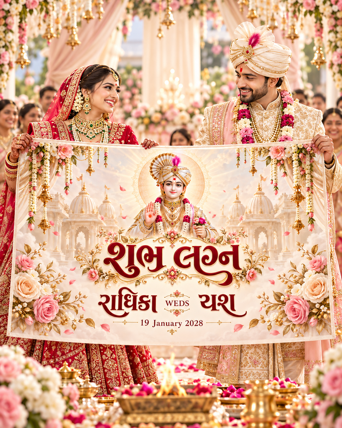 Swaminarayan blush floral Antarpat bride groom view AP-006-4