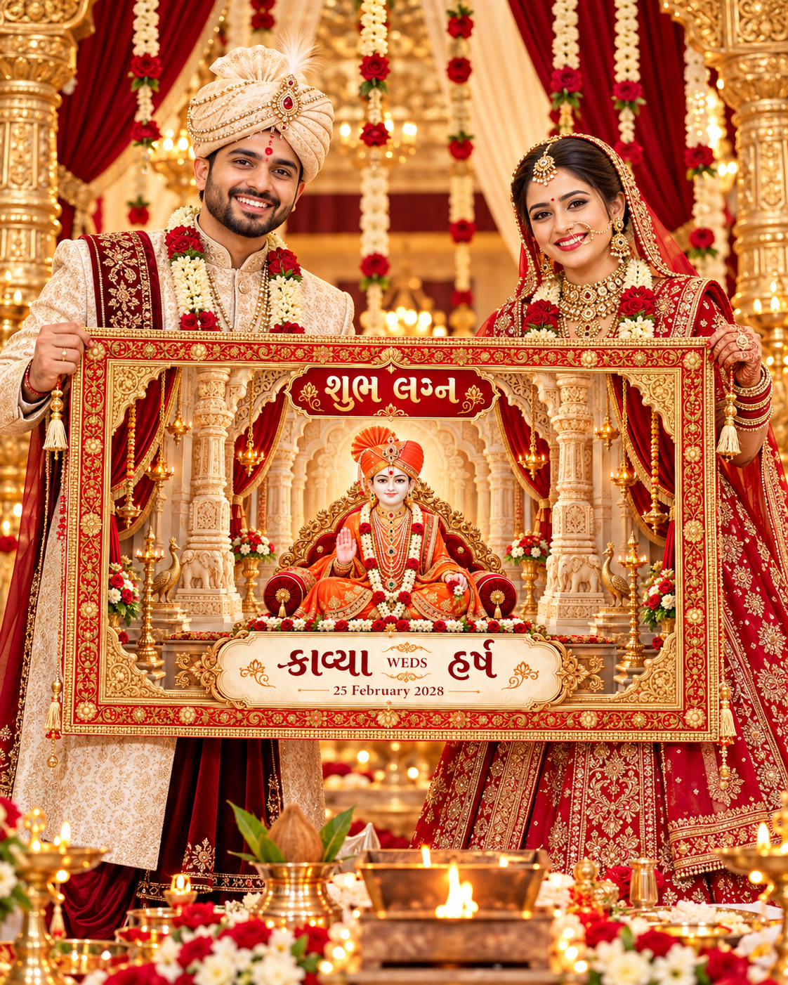 Swaminarayan Royal Red Gold Temple Darbar Personalized Wedding Antarpat | AP-006-5