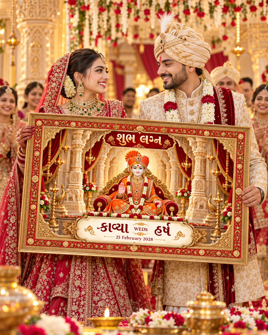 Swaminarayan Royal Red Gold Temple Darbar Personalized Wedding Antarpat | AP-006-5
