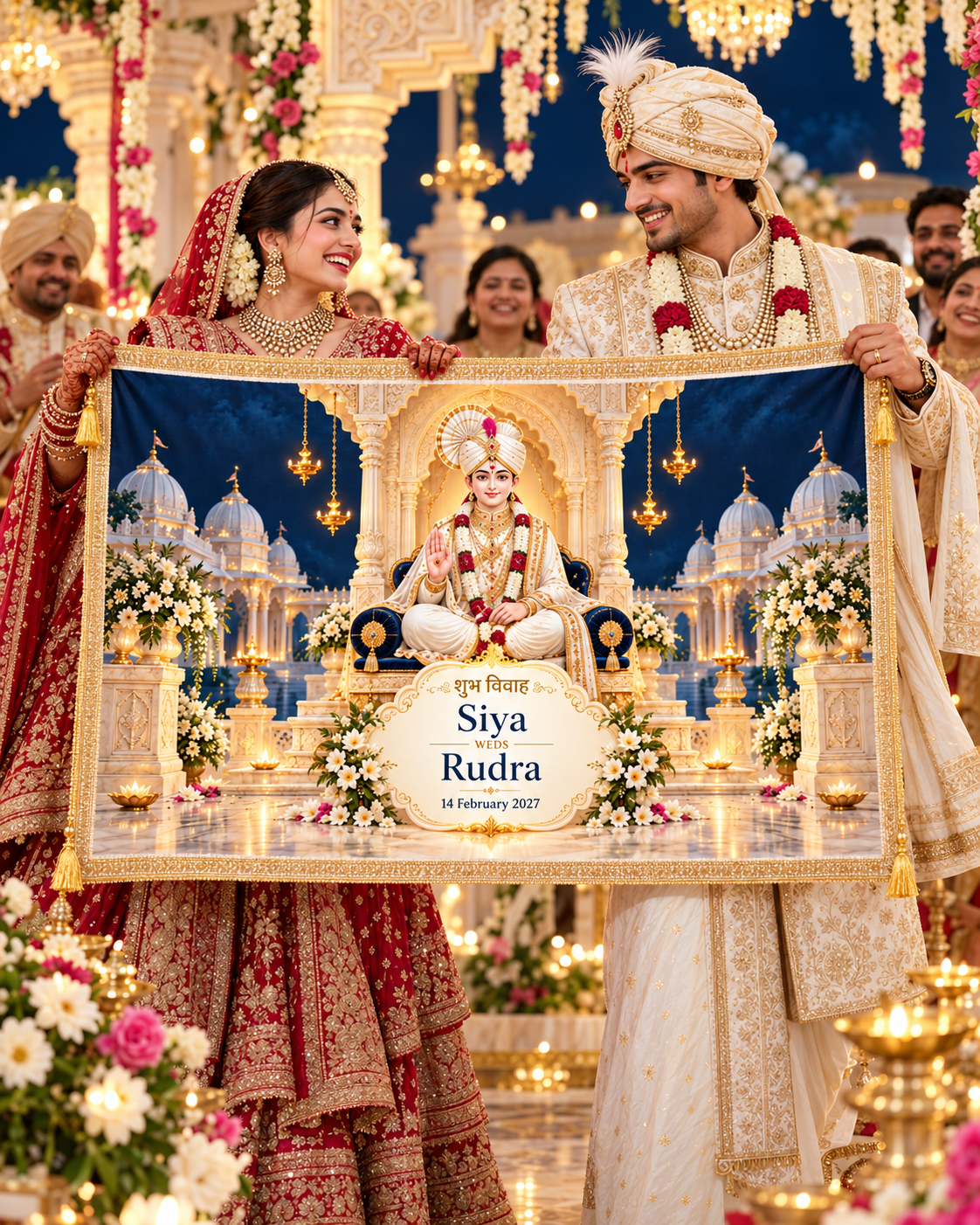 Swaminarayan Ivory Marble Temple Night Personalized Wedding Antarpat | AP-006-6