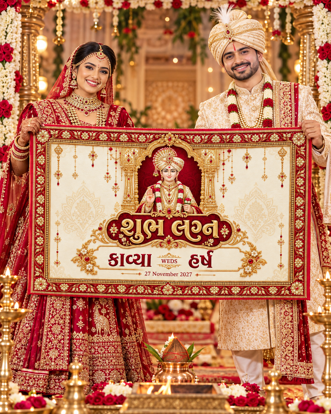Swaminarayan Ivory Gold Shubh Lagna Frame Personalized Wedding Antarpat | AP-006-7