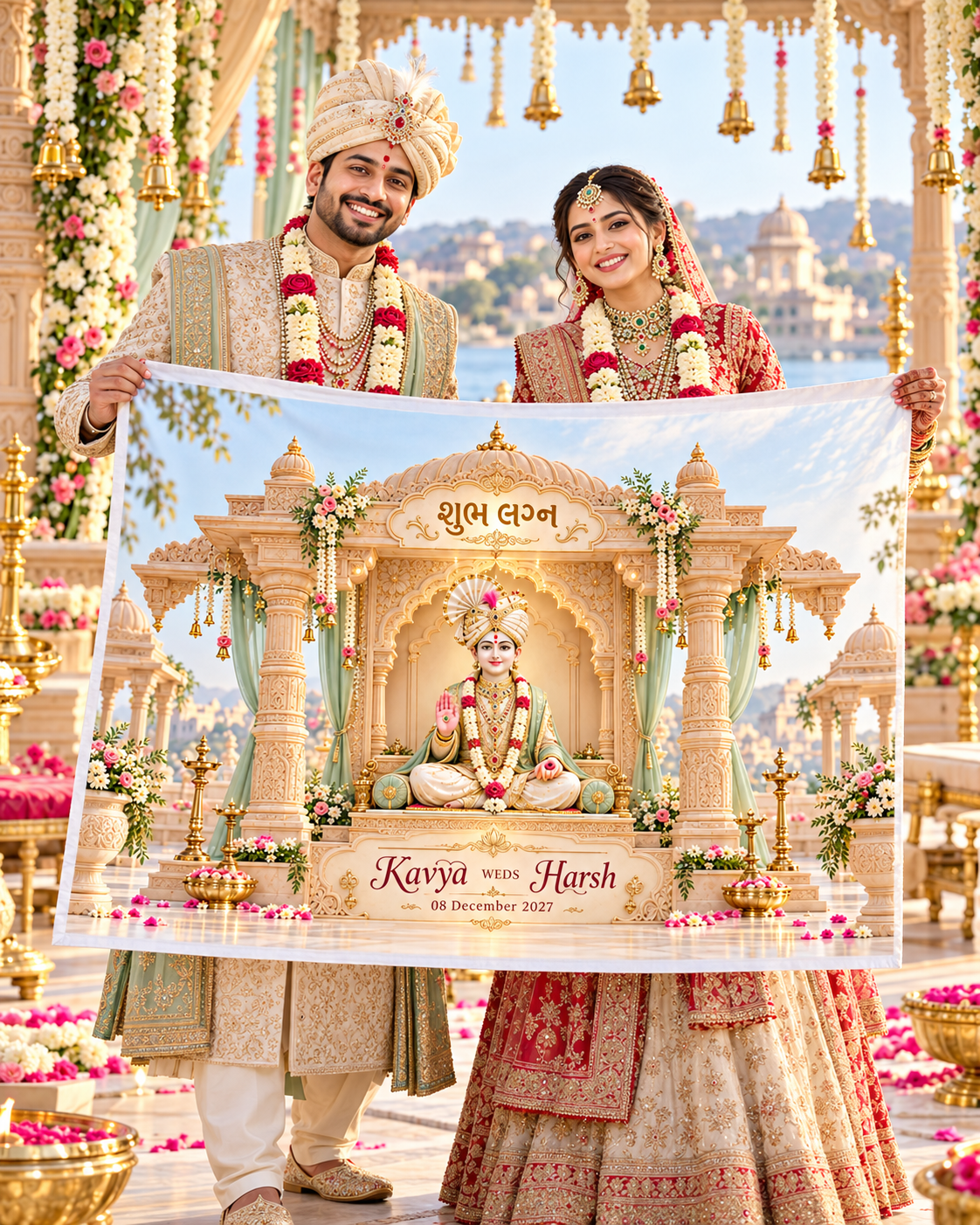 Swaminarayan Ivory Sage Green Mandir Personalized Wedding Antarpat | AP-006-8