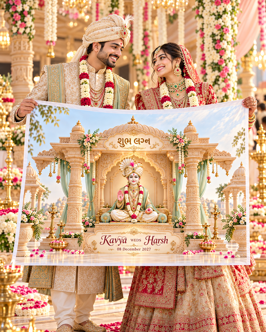 Swaminarayan Ivory Sage Green Mandir Personalized Wedding Antarpat | AP-006-8
