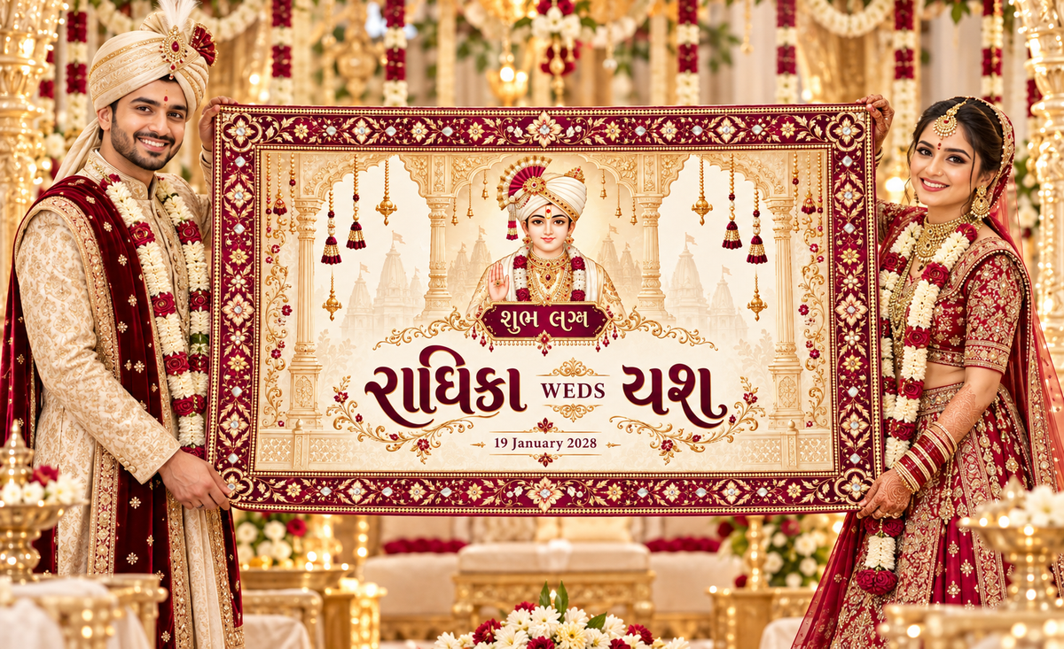 Swaminarayan Maroon Heritage Temple Border Personalized Wedding Antarpat | AP-006-9