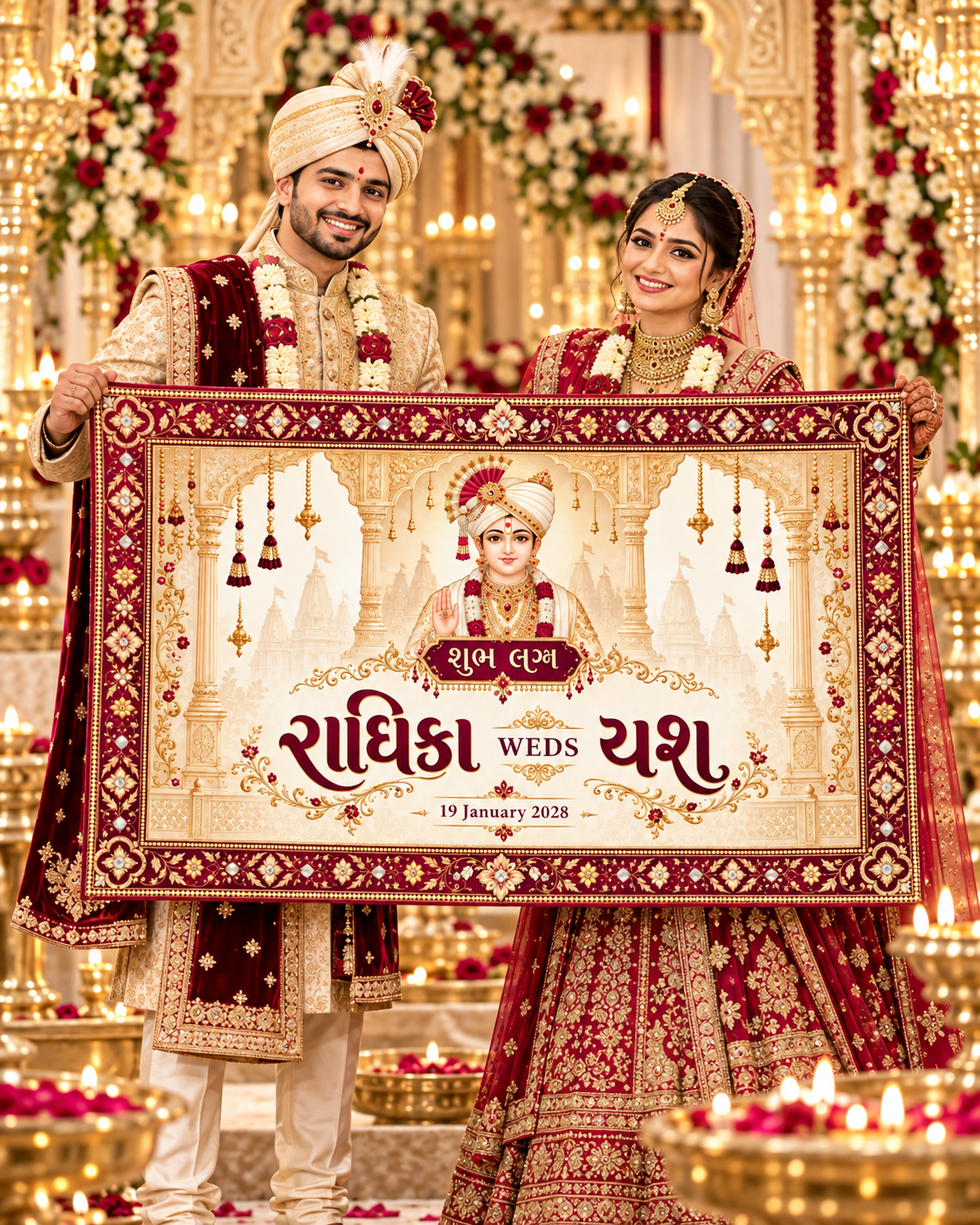 Swaminarayan Maroon Heritage Temple Border Personalized Wedding Antarpat | AP-006-9