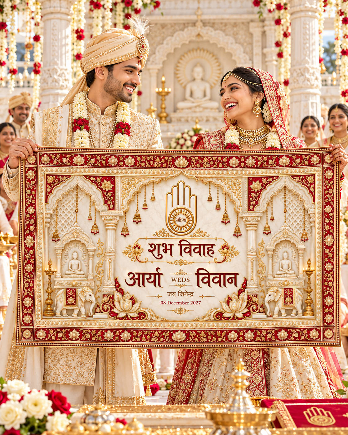 Jain Ahimsa Symbol Red Gold Temple Personalized Wedding Antarpat | AP-007-3