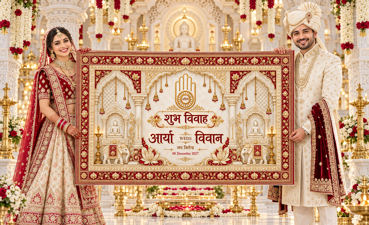 Jain Ahimsa Symbol Red Gold Temple Personalized Wedding Antarpat | AP-007-3