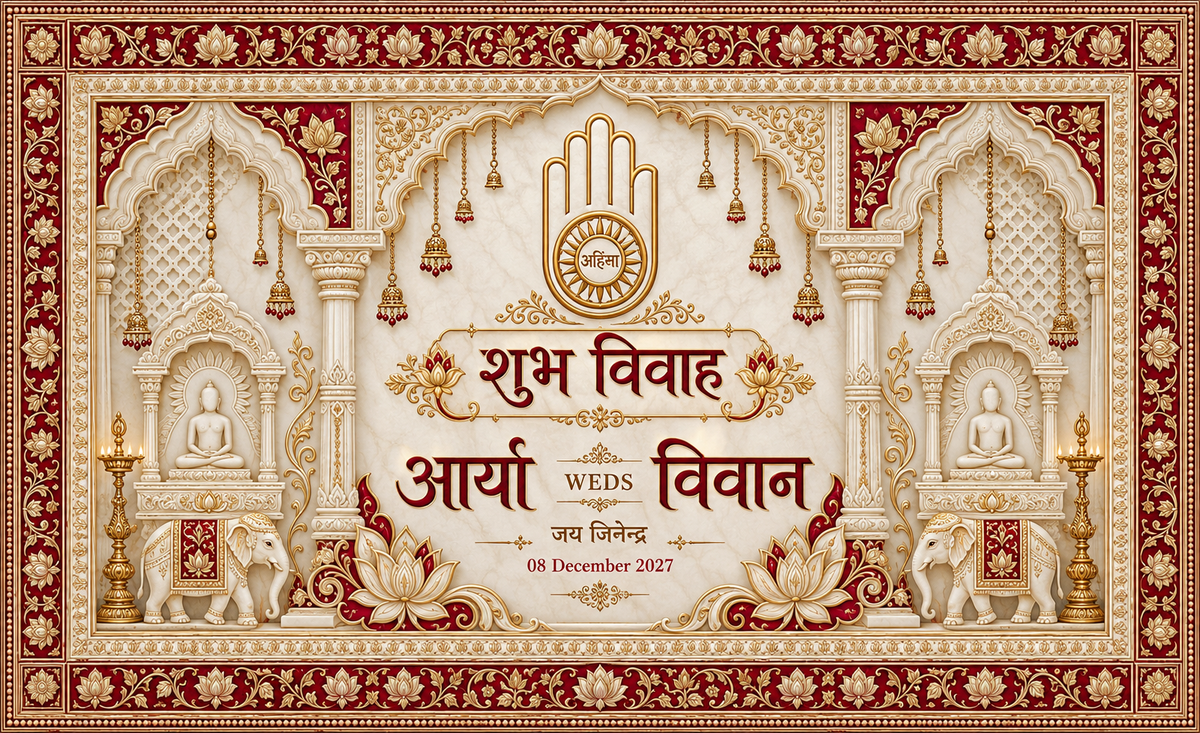 Jain Ahimsa Symbol Red Gold Temple Personalized Wedding Antarpat | AP-007-3
