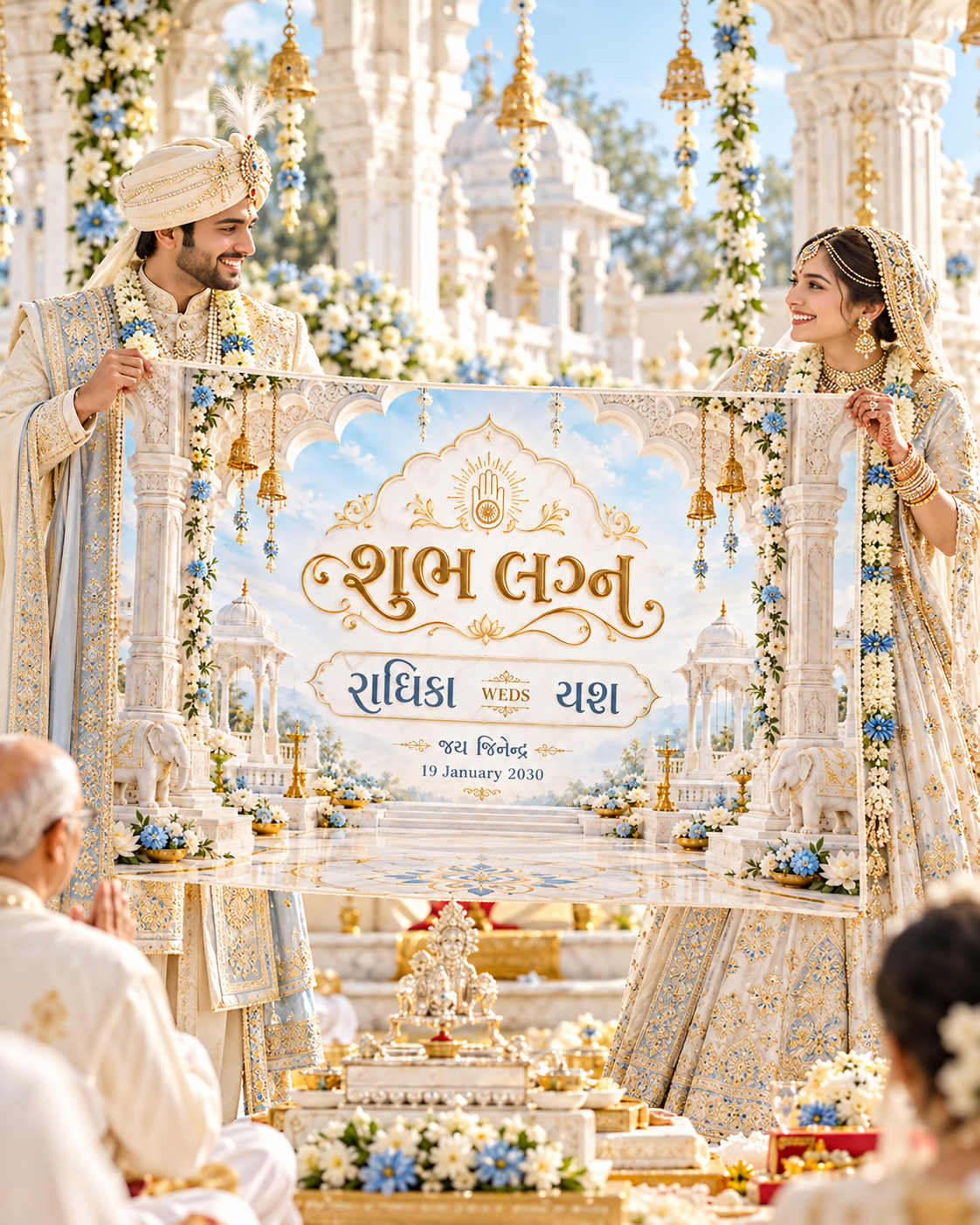 Jain Sky Blue White Marble Ahimsa Personalized Wedding Antarpat | AP-007-4