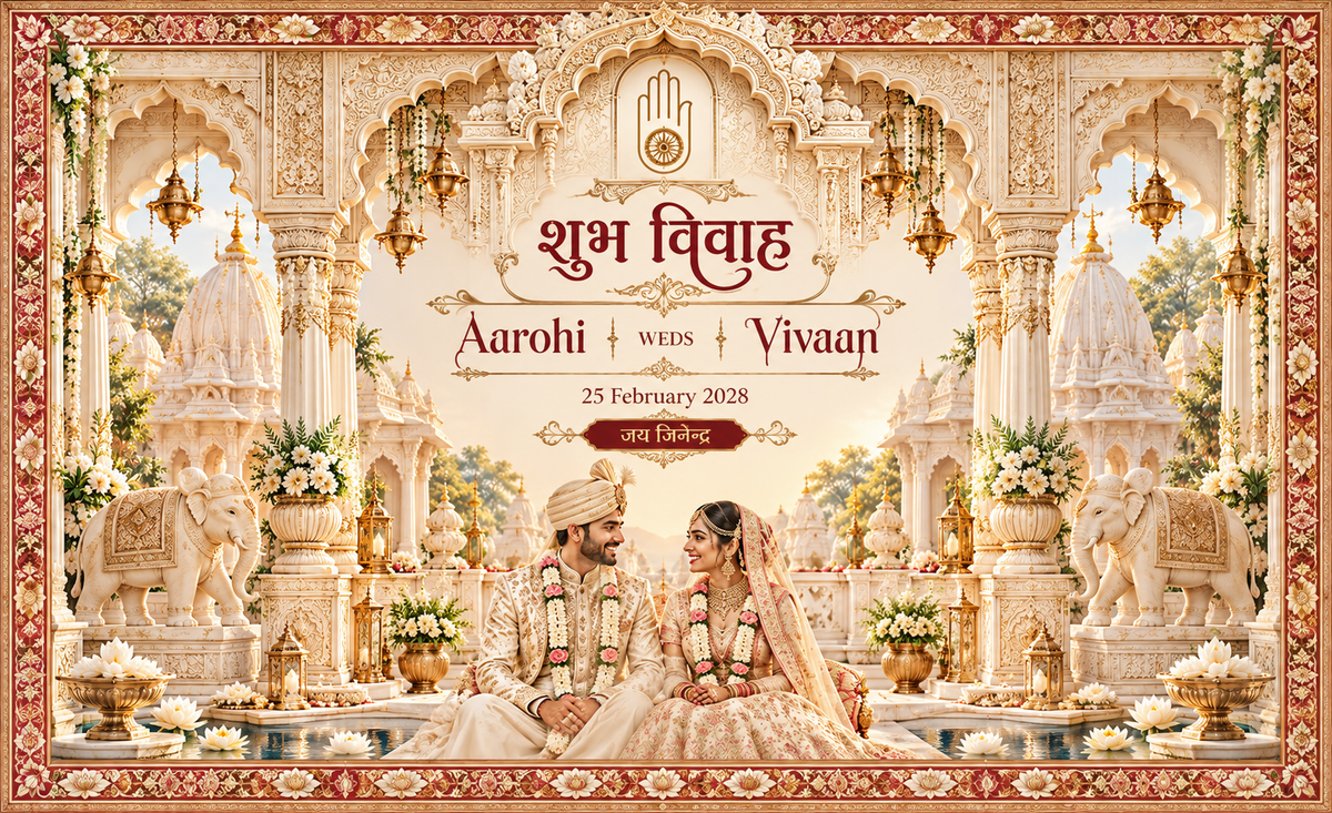 Jain Ivory Marble Temple Seated Couple Personalized Wedding Antarpat | AP-007-5
