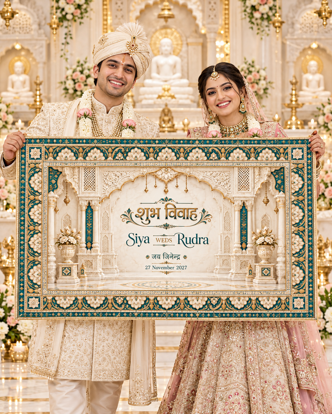 Jain Teal Ivory Marble Arch Personalized Wedding Antarpat | AP-007-7