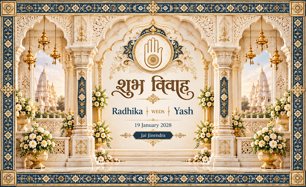 Jain Navy Gold Ahimsa Marble Arch Personalized Wedding Antarpat | AP-007-9
