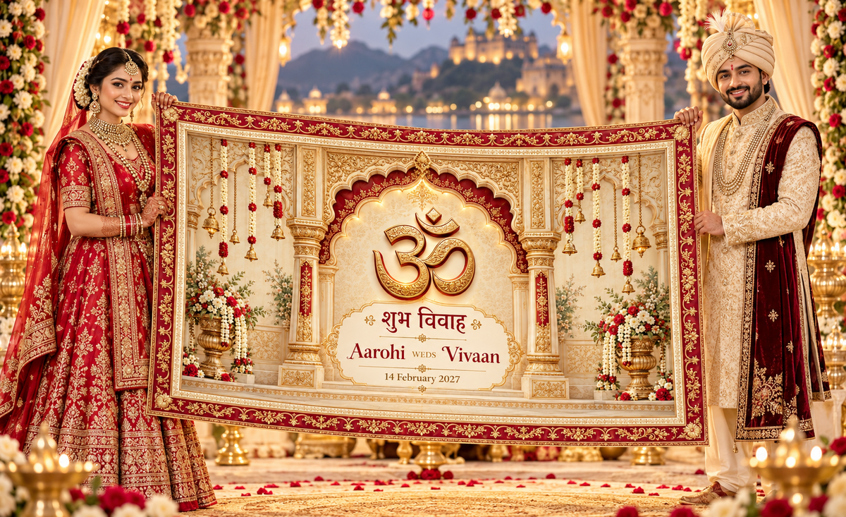 Bride and groom holding the Om sacred symbol Antarpat at wedding