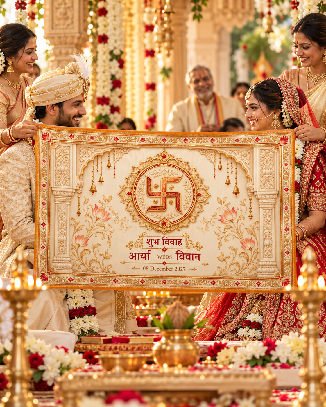Royal Swastik Mangalik Ivory Gold Personalized Wedding Antarpat wedding ceremony lifestyle view