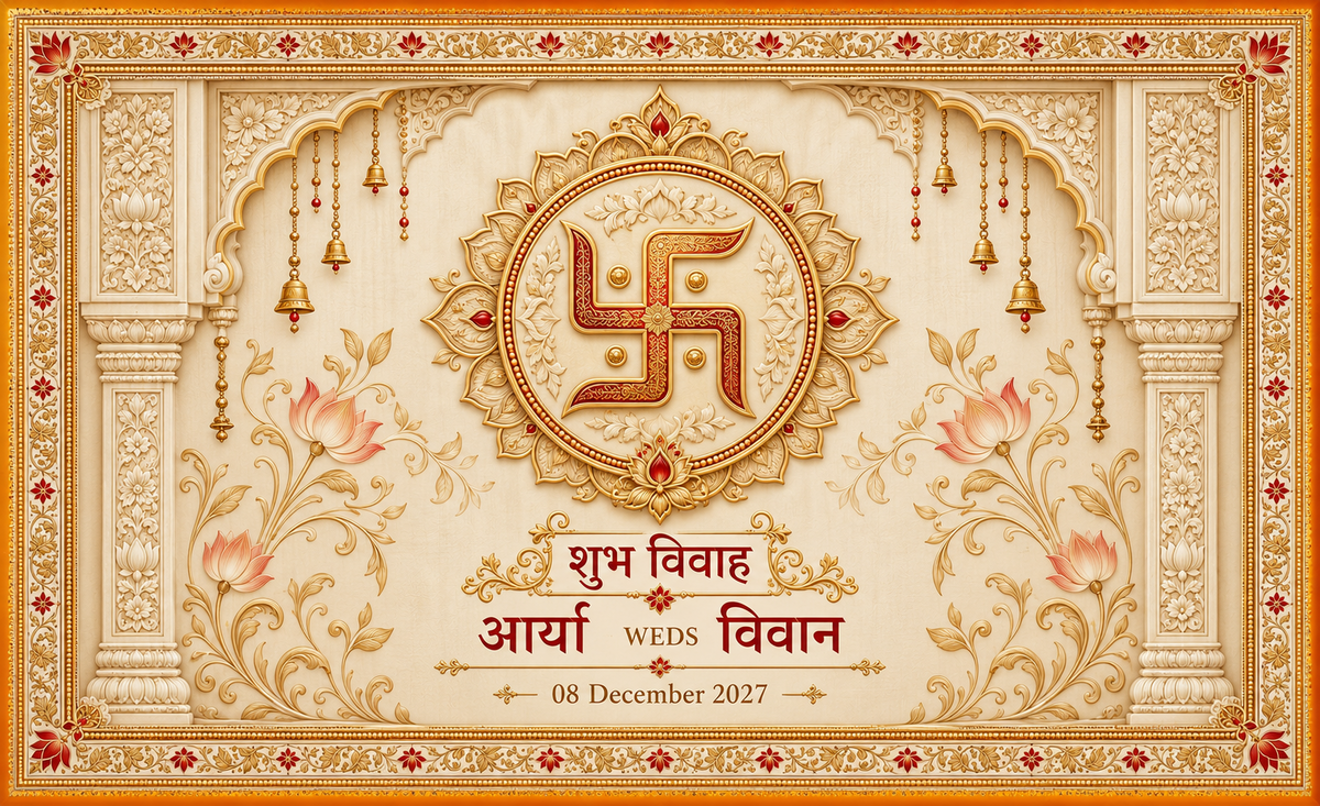 Royal Swastik Mangalik Ivory Gold Personalized Wedding Antarpat flat print design