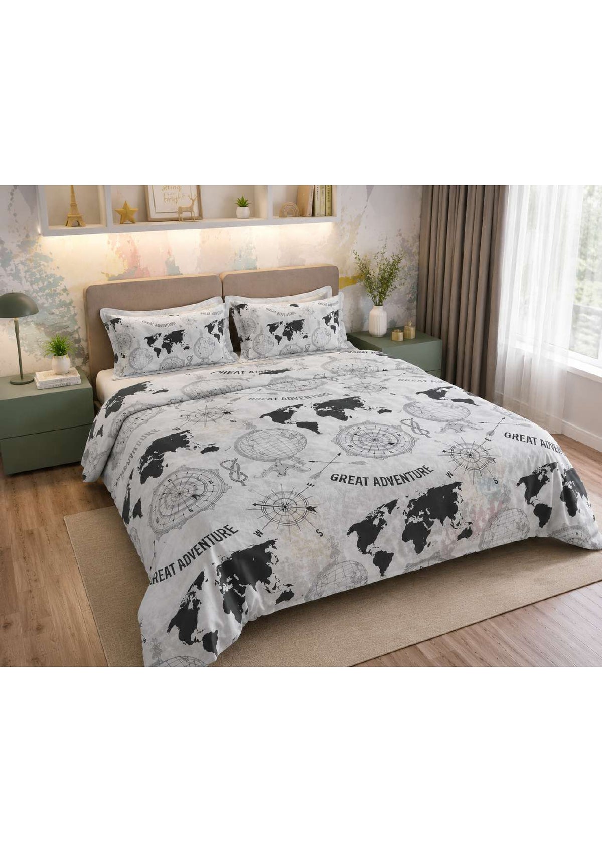 World map adventure printed bedsheet set Bed-3